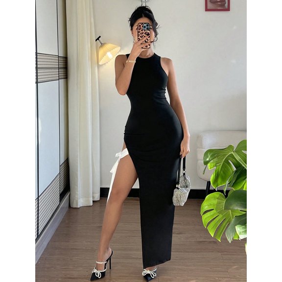 Sexy tight sleeveless round neck high slit white tie knit high elastic knit black white spring and summer women's long dress