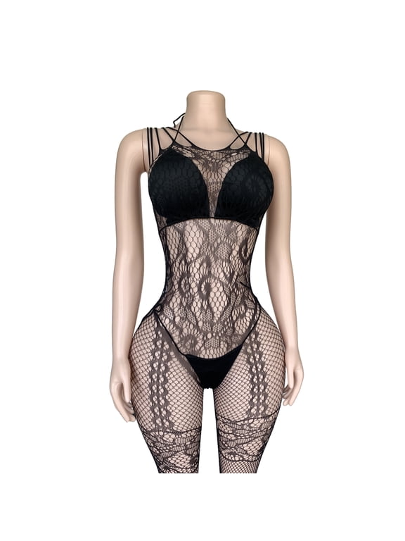 Sexy women's Elegant Black Lace Bodystocking, Floral Mesh One Piece Bodysuit - Stretch Elastic Fabric Full Body Fit with Lace Pattern Design for Party Casual Wear - Comfortable Women's Fashion Outfit