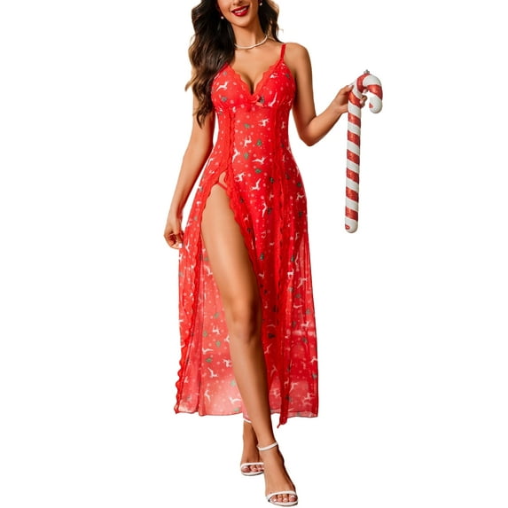 Sexyfree Lingerie for Women Side Split Chemise Sexy Nightdress Deep V Neck Nightwear Long Nightgown