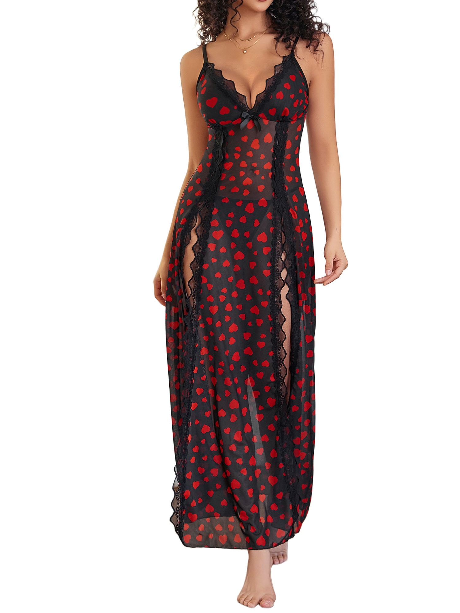 Sexyfree Lingerie for Women Heart Print Side Split Chemise Sexy Nightdress Deep V Neck Nightwear Long Nightgown