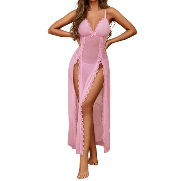 Sexyfree Lingerie for Women Side Split Chemise Sexy Nightdress Deep V Neck Nightwear Long Nightgown
