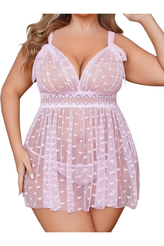 Plus Size Lingerie for Women Heart Print Lace Nightwear Sheer Cheimse Sleepwear with Lace Up Bows for Valentine