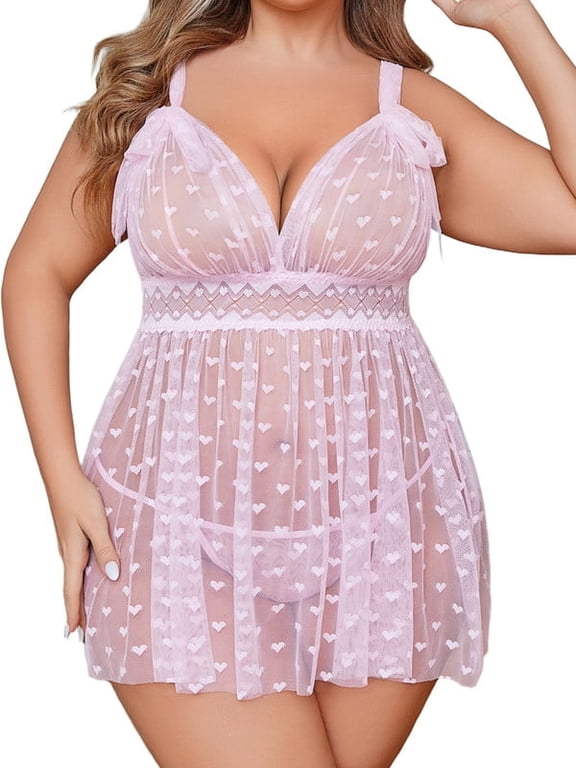 Plus Size Lingerie for Women Heart Print Lace Nightwear Sheer Cheimse Sleepwear with Lace Up Bows for Valentine