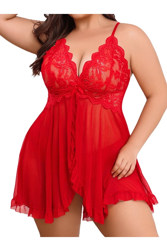 Plus Size Lingerie for Women Sexy Open Front Lace Nightdress V Neck Sleepwear