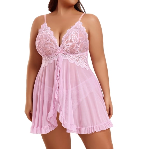 KISSGAL Plus Size Lingerie for Women Sexy Open Front Lace Nightdress V Neck Sleepwear