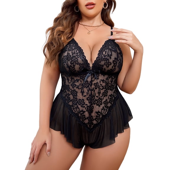 KISSGAL Plus Size Lingerie for Women One Piece Lace Corset Bodysuit Mesh Chemise Sleepwear L-5XL