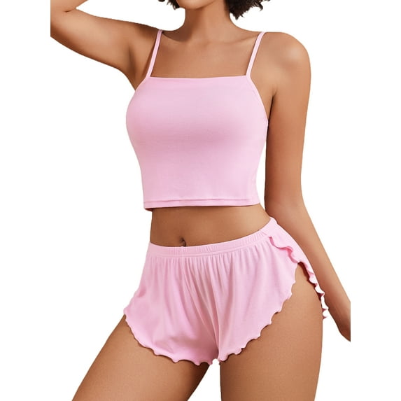 Sexyfree Ribbed Pajamas Set for Women Sexy Cami with Side Slit Shorts Sleepwear Lingerie 2 Piece Pjs Nightwear