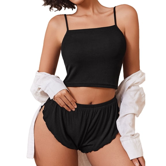 Sexyfree Ribbed Pajamas Set for Women Sexy Cami with Side Slit Shorts Sleepwear Lingerie 2 Piece Pjs Nightwear