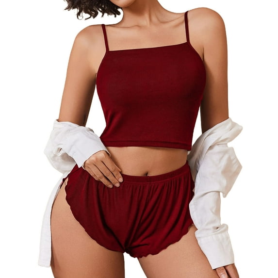 Sexyfree Ribbed Pajamas Set for Women Sexy Cami with Side Slit Shorts Sleepwear Lingerie 2 Piece Pjs Nightwear