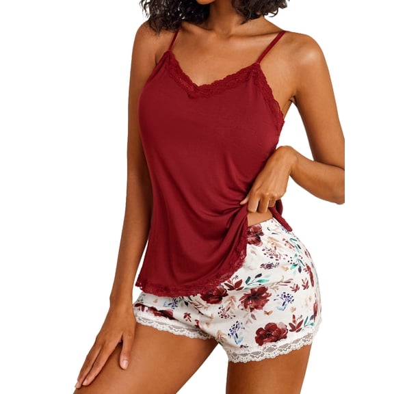 Sexyfree Women Cami Pajamas Set Lace Trim Sleepwear Sexy Pjs with Shorts Soft Nightwear