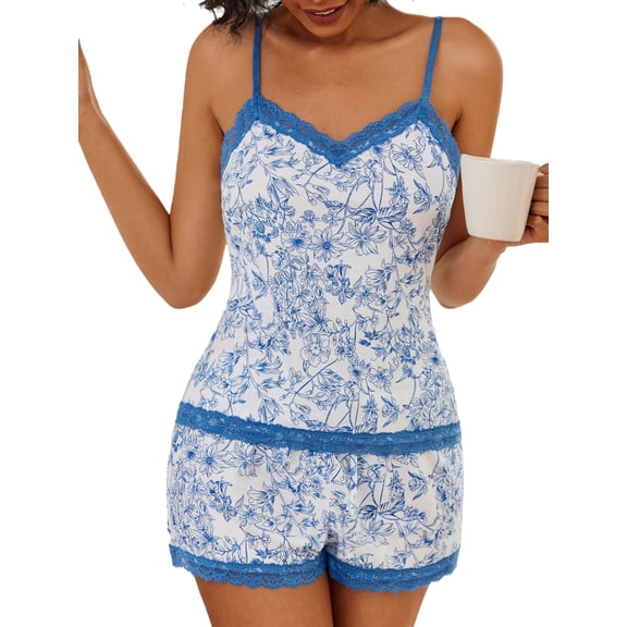 Sexyfree Women Cami Pajamas Set Lace Trim Sleepwear Sexy Pjs with Shorts Soft Nightwear