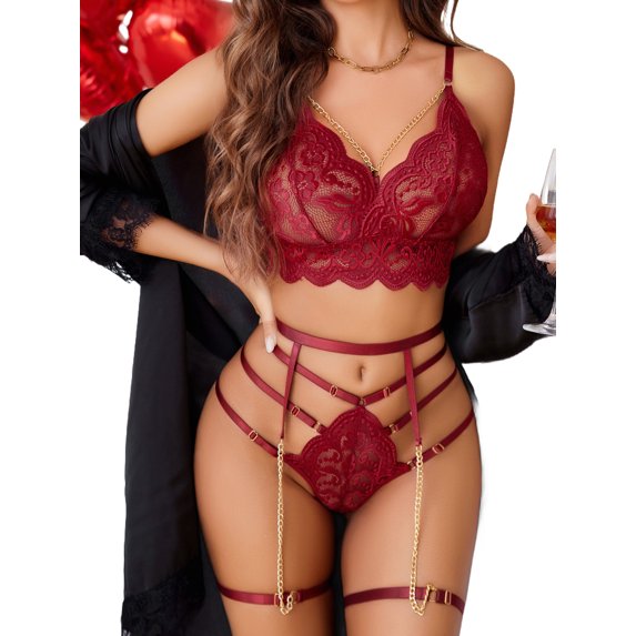 Sexyfree Women Lingerie Sets with Garter Belt Sexy 3 Piece Lace Bra and Panty Set Underwear