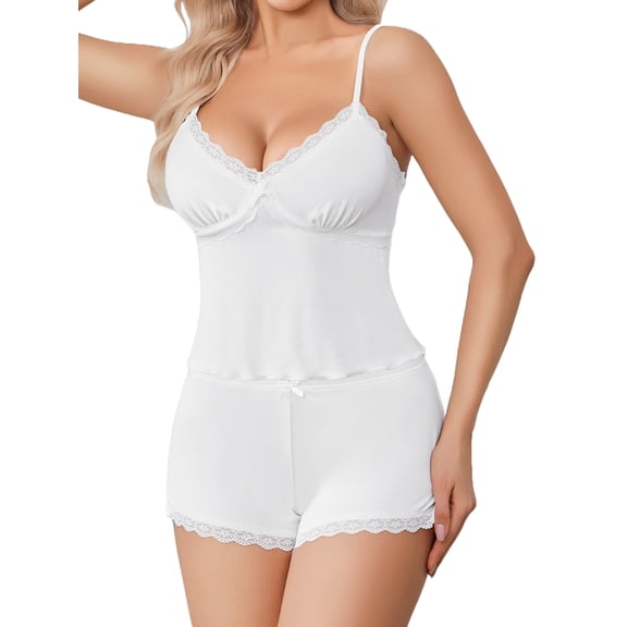Sexyfree Women Pajama Set Sexy Lace Trim Cami and Side Slit Shorts Sleepwear V Neck Pjs Nightwear
