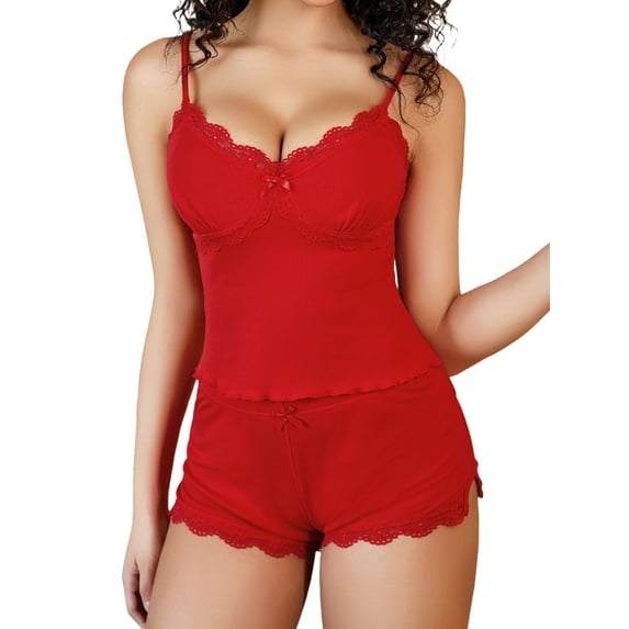 Sexyfree Women Pajama Set Sexy Lace Trim Cami and Side Slit Shorts Sleepwear V Neck Pjs Nightwear