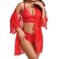 thumbnail image 1 of Sexyfree Women Sexy Lingerie Set 3 Piece Lace Kimono Robe with Bra and Panty Sheer Sleepwear, 1 of 5