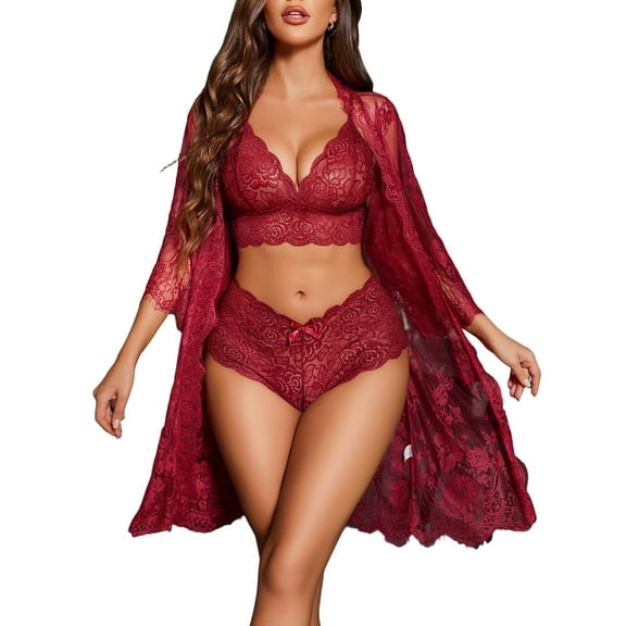 Sexyfree Women Sexy Lingerie Set 3 Piece Lace Kimono Robe with Bra and Panty Sheer Sleepwear
