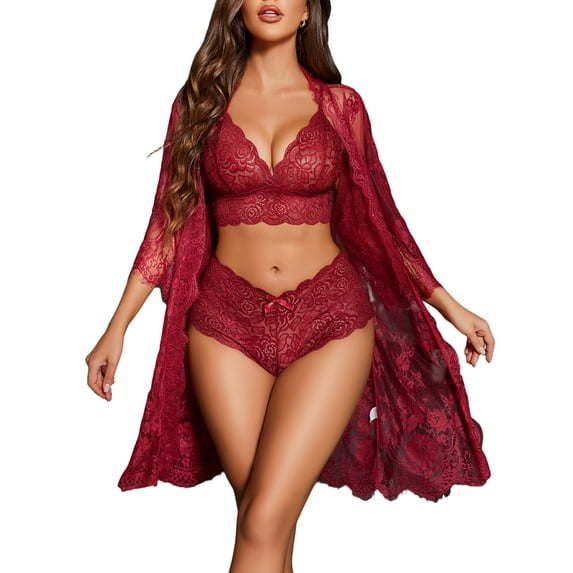 Sexyfree Women Sexy Lingerie Set 3 Piece Lace Kimono Robe with Bra and Panty Sheer Sleepwear