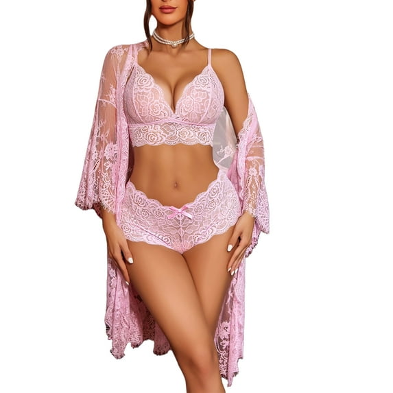 Sexyfree Women Sexy Lingerie Set 3 Piece Lace Kimono Robe with Bra and Panty Sheer Sleepwear