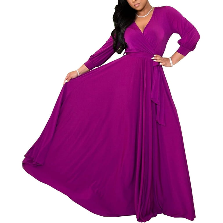 Sexyshine Women's Deep V Neck Long Sleeve Wrapped Maxi Dress High