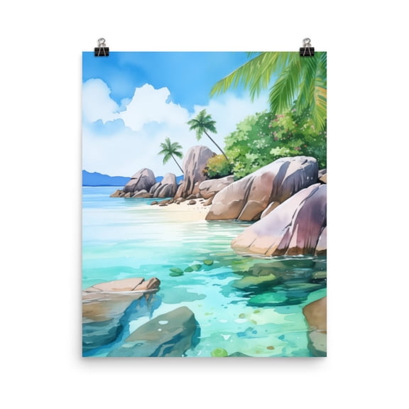 Seychelles Beach Print, Tropical Island Coastal Wall Art, Indian Ocean Poster, Africa Travel Decor, Paradise Seascape Artwork Home Decor #3775, Unframed Poster Size 12x18