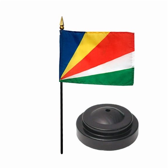 Seychelles Desk Flag with Base; American Made Rayon 4x6 inch Miniature Table Set Includes One Small Mini Country Stick Flags and One Black Stand (Seychelles Desk Flag and Base)
