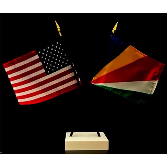 Seychelles Desk Flag Set; Contains One USA and One Country Flag with a White Crossed Base, American Made