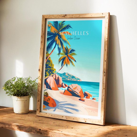 Seychelles Travel Poster, Beach Wall Art, Unframed Paper Poster 8x10in