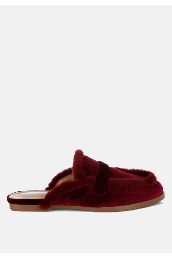 Seyhan Fur Detail Velvet Slip-On Mules