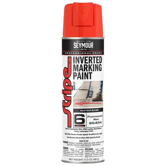 17 oz Seymour 20-654 Fluorescent Red Stripe 6-Series Professional Grade Water-Based Inverted Ground Marking Spray Paint