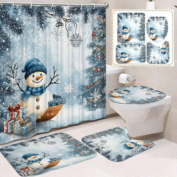 Seyotauo 4 Pcs Christmas Shower Curtain Set Xmas Santa Bathroom Decoration Christmas Tree Hand Towels Snowman Toilet Lid Cover Bathroom Rugs Xmas Shower Curtain with Hooks