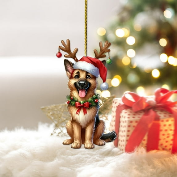Seyotauo Animals 2D Flat Christmas Ornament, Yorkie Christmas Hat Reindeer with String Lights Pine Tree Decor, Hanging House Charm Eve Keepsake, Car Rear View Mirror Accessories, Xmas Gift