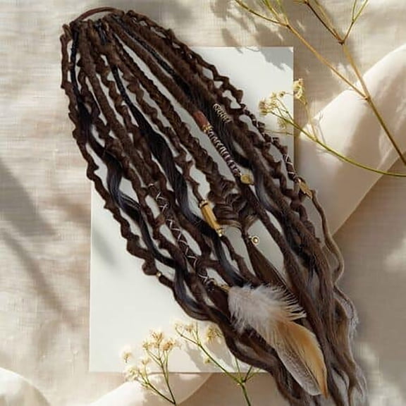 Seyotauo Boho Braided Ponytail Extension with Hair Tie, Long Dreadlock Beads Ponytail Hand-braided Braids Hair Extensions Lightweight Natural Synthetic Hairpiece for Festival