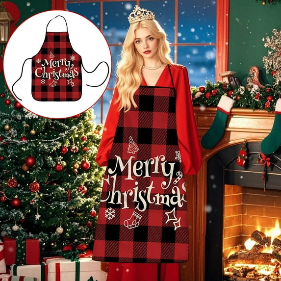 Seyotauo Christmas Apron Xmas Tree Snowman SnowFlakes Birds Red Plaid Decorative Cooking Aprons with Pockets Adjustable Neck for Women Men Adults Home Kitchen Grill Baking Holiday Gift