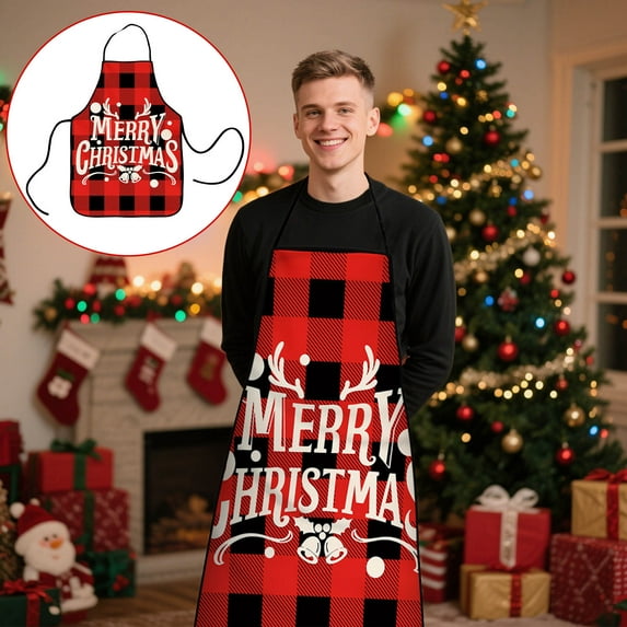 Seyotauo Christmas Apron Xmas Tree Snowman SnowFlakes Birds Red Plaid Decorative Cooking Aprons with Pockets Adjustable Neck for Women Men Adults Home Kitchen Grill Baking Holiday Gift