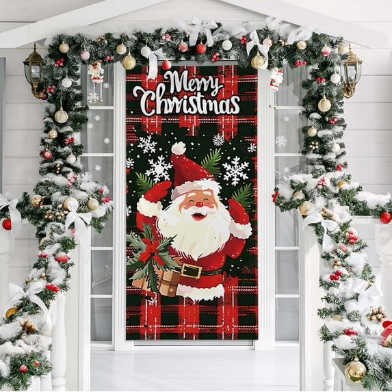 Seyotauo Christmas Door Cover - Merry Christmas Decorations With Cute Santa Claus and Reindeer Snowman- Winter Xmas Backdrop for Party Outdoor Indoor Home - 36 x 80 Inch