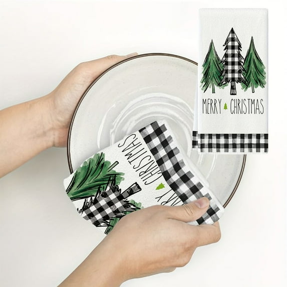 Seyotauo Christmas Kitchen Towels, Merry Christmas Tree Towels, 19 x 26 Inch Pine Trees Dishcloth Xmas Tree Decorative Hand Drying Tea Towel for Xmas Winter Holiday Kitchen Cooking Baking Bathroom