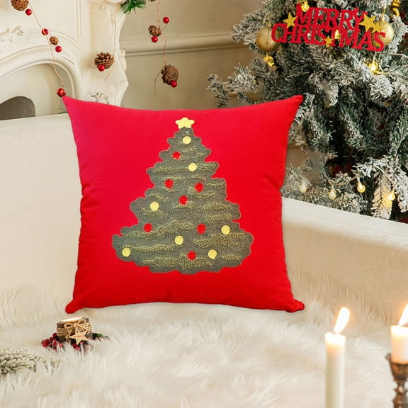 Seyotauo Christmas Pillow Covers 18x18 Inch - Red Embroidered Tree Throw Pillows for Holiday Decorations - Cushions for Couch, Sofa, Bed, Living Room, Bedroom, Gift for Friends Family