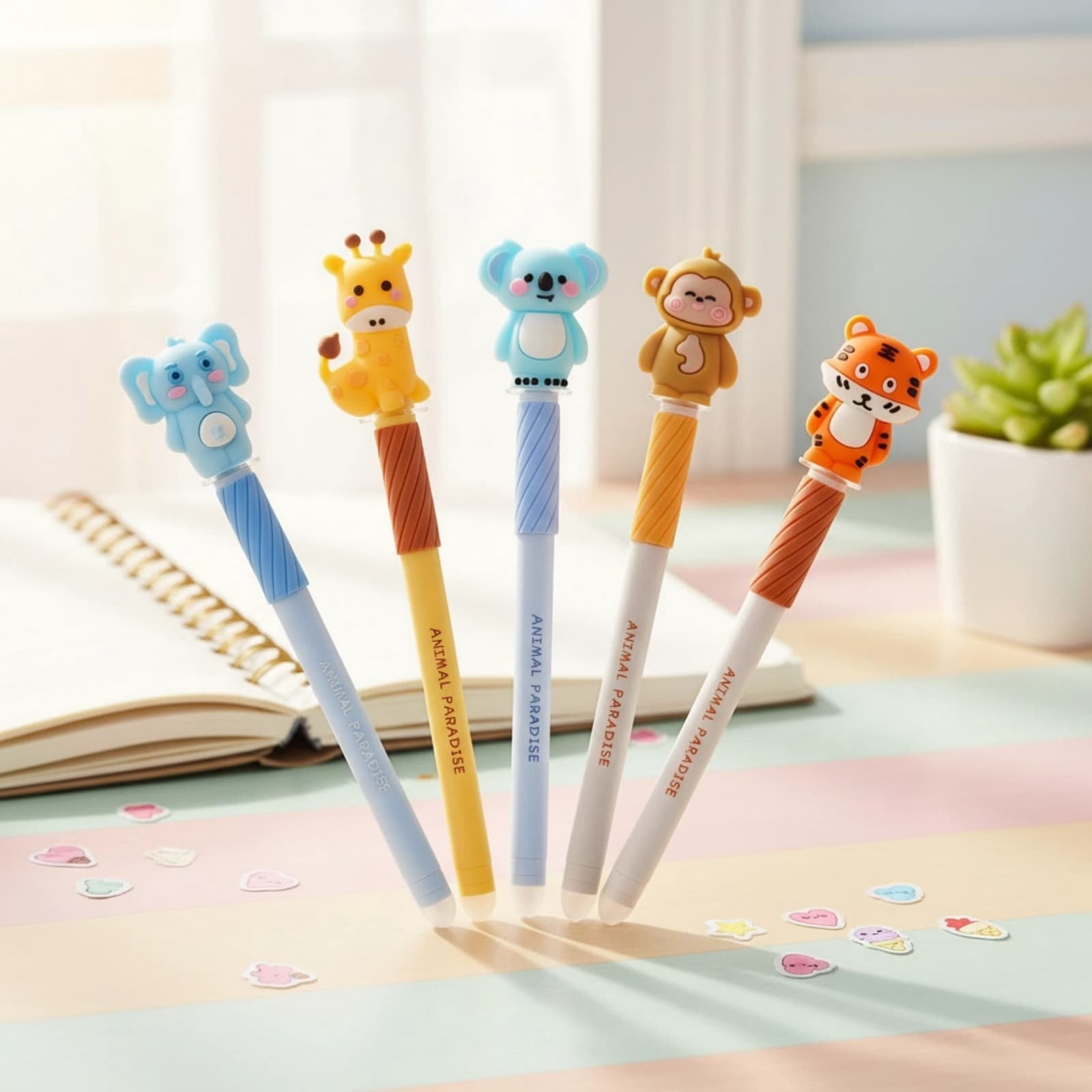 Seyotauo Cute Animal Eraser Pen Set, Retractable Erasable Gel Ink Pens with Mini Cap Eraser, Cute Bunny Cat Fox Dino Novelty Stationery, for Office Journaling Homework Correction