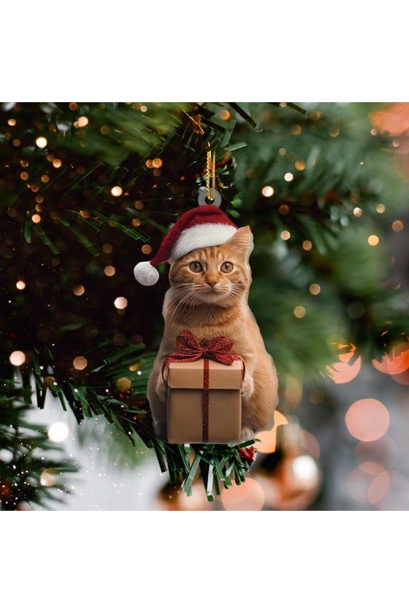 Cute Orange Cat In Santa Hat Christmas Acrylic Keychain 2.76×1.97 inch Festive Ornament for Christmas Tree Hanging Indoor Decorations Perfect Holiday Gift Christmas Tree Decorations