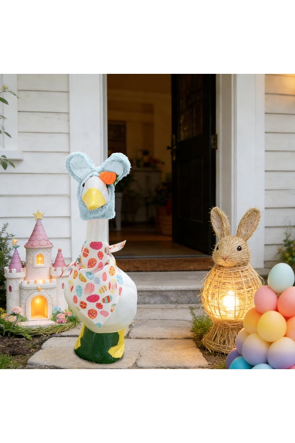 Easter Bunny Porch Goose Outfits for Cement Goose Lawn Goose Statue Clothes Bunny Ear Hat and Collar Easter Plastic Goose Costume for Easter Party Yard Outdoor