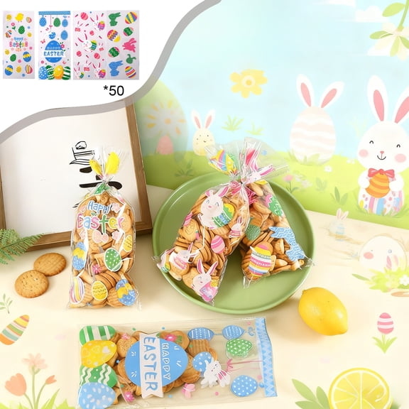 Seyotauo Easter Treat Bags - Happy Easter Gift Bag, Easters Eggs Plastic Cellophane Bag, Clear Colorful Easters Bunny Goodie Candy Favor Bags for Easte Party Favors Supplies