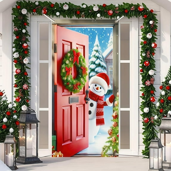 Seyotauo Festive Christmas Santa Claus Door Banner Decorative Polyester Holiday Door Cover with Snowman and Wreath, Perfect for Indoor and Outdoor Christmas Decorations 71 x 35 inch