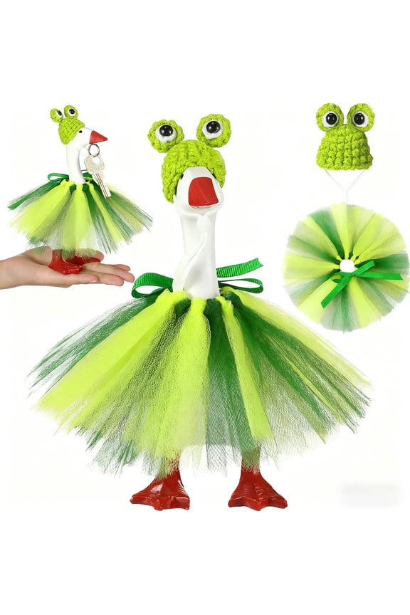 Frog Costume Outfit for Mini Desk Goose with Knit Hat & Tutu Dress, Cute Animal Clothing for Pet Goose Figurine, Magnetic Statue Key Holder Decor, Party Photo Prop, Holiday Gift Idea