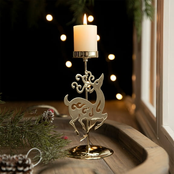 Seyotauo Gold Iron Vintage Christmas Candle Holder Star / Reindeer / Poinsettia Design, Christmas Decorations for Party Dining Table Mantelpiece, Christmas Ambiance Ornament Candle Placer