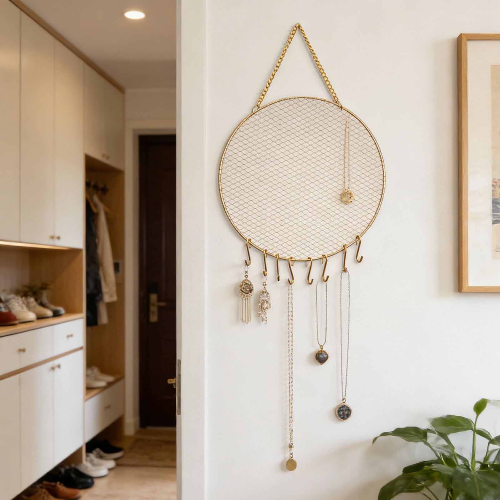 Seyotauo Gold Plated Metal Mesh Wall Mounted Jewelry Organizer, Round Hanging Earring Bracelet Display Stand, Modern Grid Rack for Bedroom Dressing Table, Closet, Nail Salon, Boutique