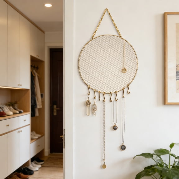 Seyotauo Gold Plated Metal Mesh Wall Mounted Jewelry Organizer, Round Hanging Earring Bracelet Display Stand, Modern Grid Rack for Bedroom Dressing Table, Closet, Nail Salon, Boutique