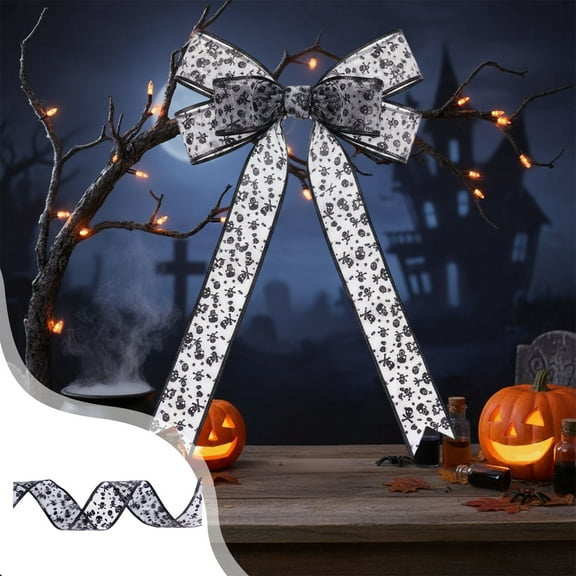 Seyotauo Halloween Wired Edge Ribbon, Spider Web Skeleton Halloween Burlap Fabric Ribbon Black White Decorative Ribbon for DIY Crafts Gift Wrapping Wreath Bow Making Party Supplies