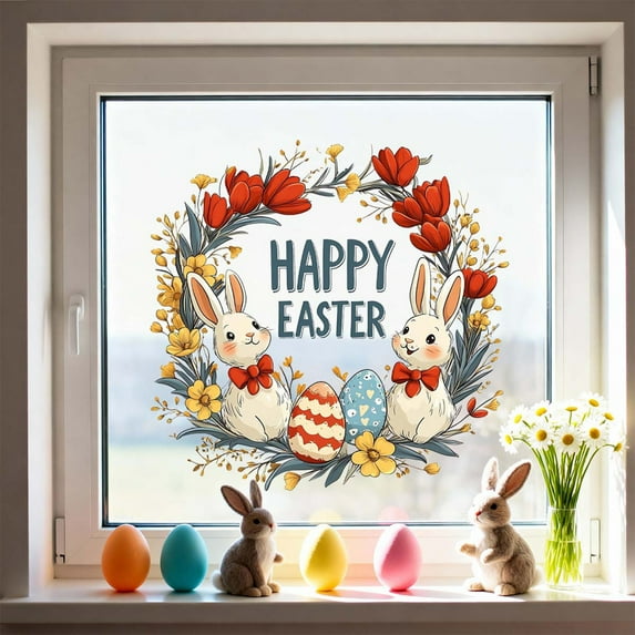 Seyotauo Happy Easter Window Clings, Easter Egg Bunny Window Clings for Window Decor, Double-Sided Easter Decorations with Carrots, Butterflies for Holiday Office Home Party Supplies
