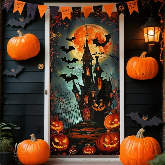 Seyotauo Happy Halloween Door Cover for Halloween Door Decoration, Large Fabric Halloween Party Decorations Window Door Cover for Front Door Decoration Halloween Party Supplies Indoor Outdoor