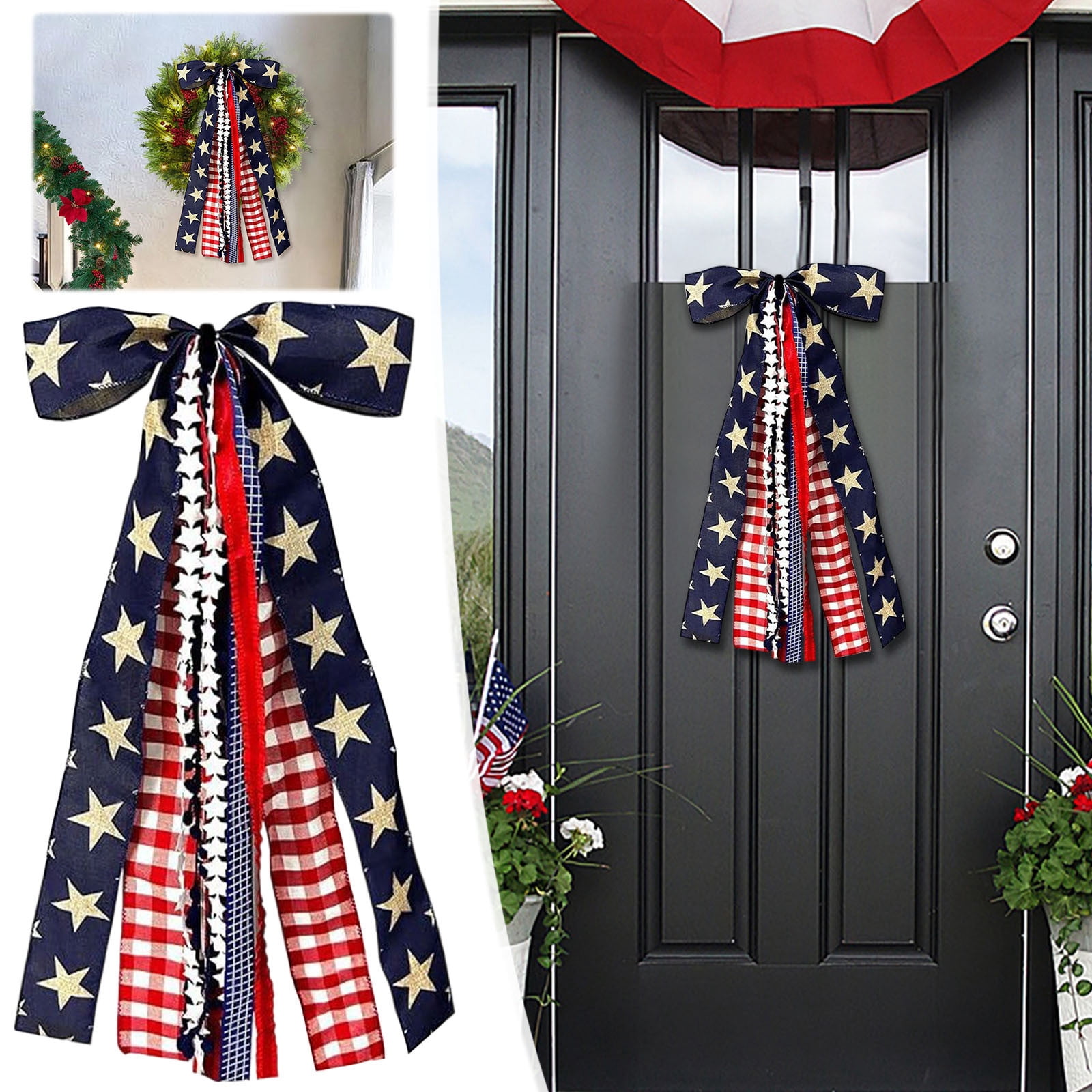Seyotauo Large Patriotic Ribbon Bow, 4th of July Red White and Blue Bows Clip-On Star Sash Patriotic Wreaths for Front Door Indoor Outdoor Memorial Day Decoration, for Patriotic Indoor Outdoor Decor